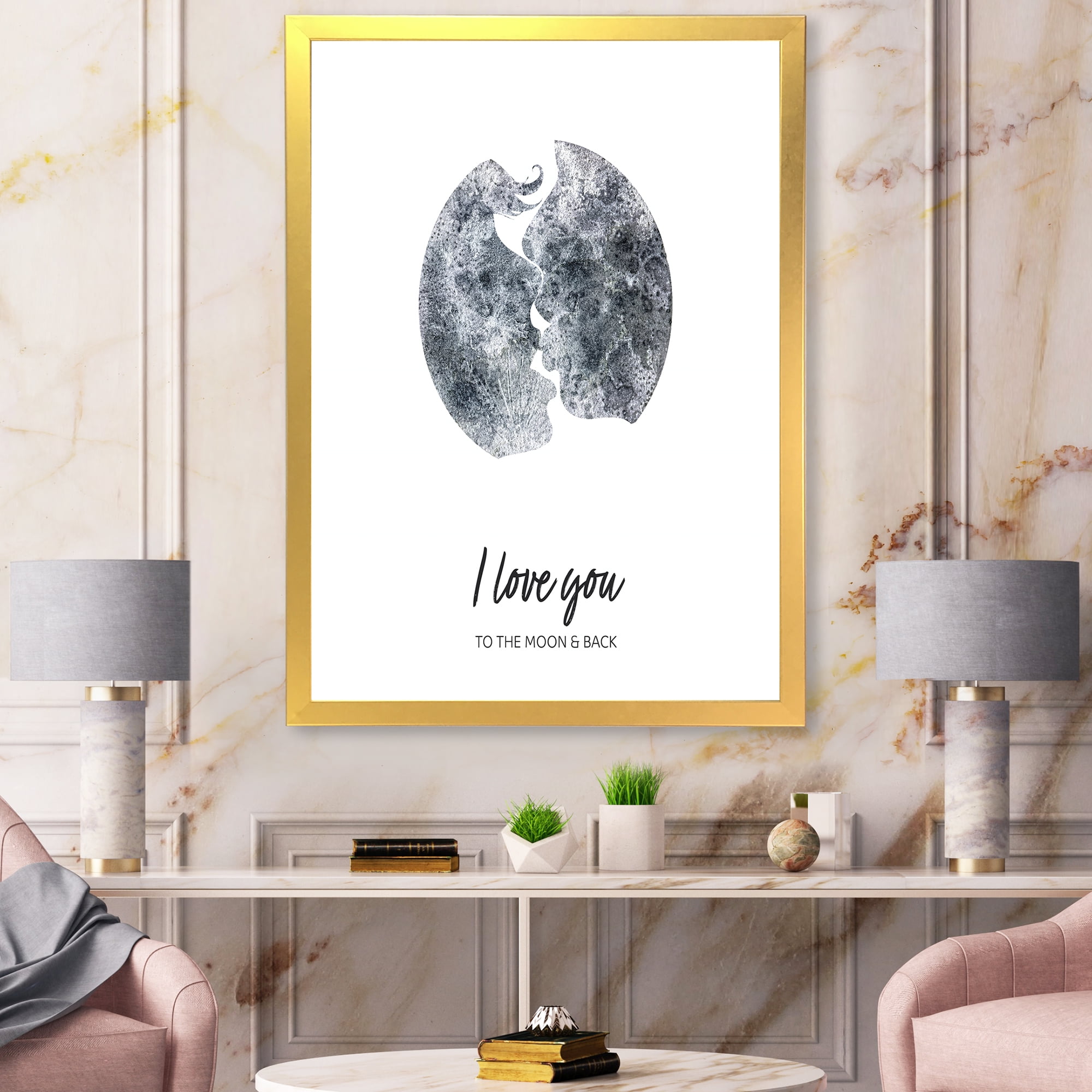 Designart 'Kiss of Two Lovers In Romantic Moon Shape' Modern Framed Art Print