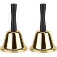 thumbnail image 1 of Campana de mano dorada, paquete de 2 campanas de llamada de acero para bodas, adultos, campanas de cena para línea de alimentos, campana de aula para interior, alarma, 1 of 5
