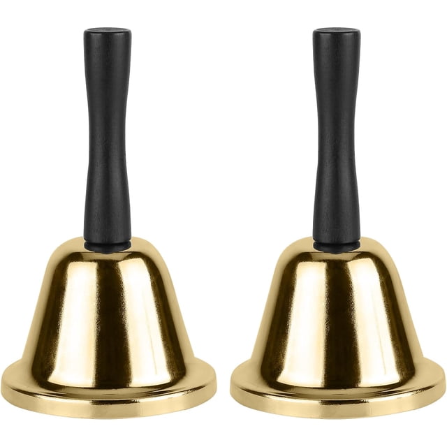Campana de mano dorada, paquete de 2 campanas de llamada de acero para bodas, adultos, campanas de cena para línea de alimentos, campana de aula para interior, alarma