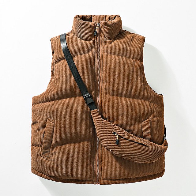 Chaleco de pana de algodón y plumón para hombre, abrigo exterior acolchado de algodón con cuello alto engrosado retro de moda de otoño e invierno con bolso de hombro gratis