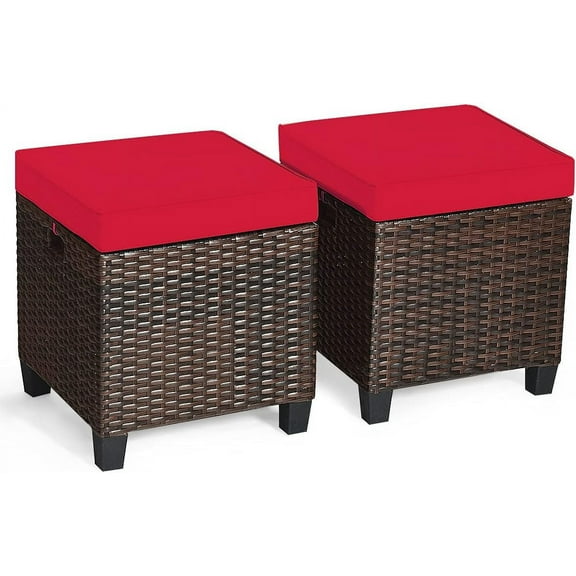 WSSYzyzf 2 Piece Patio Ottoman Set Outdoor Rattan Wicker Ottoman with Removable Cushions Patio Furniture Footstool Footrest Seat for Garden Pool Deck Red