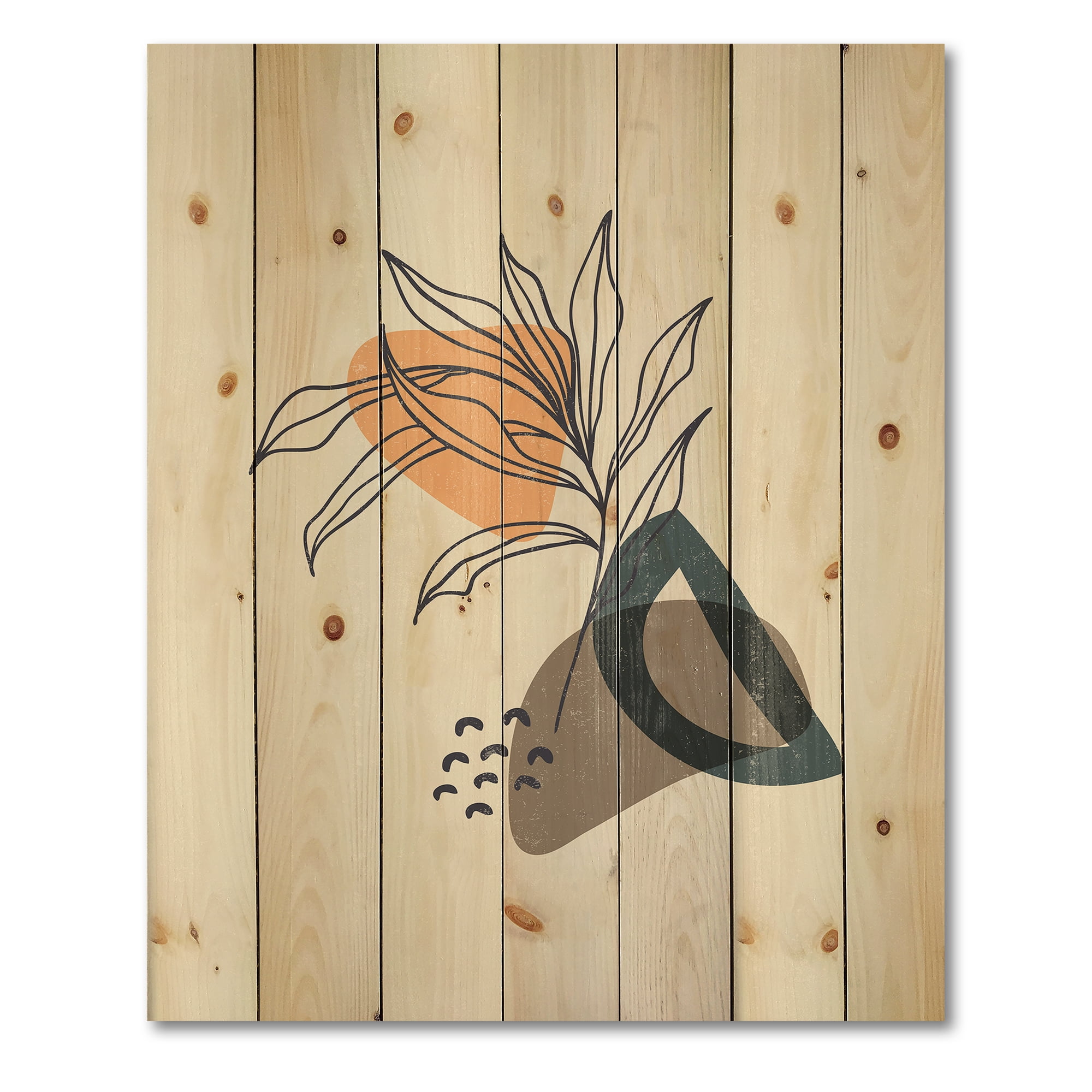 Designart 'Minimalist Shapes With Ancient Plant I' Modern Print on Natural Pine Wood