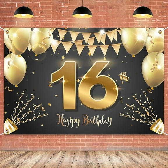 Happy 16th Birthday Banner Backdrop - 16 Years Old Birthday Decorations Party Supplies for Girls Boys - Black Gold