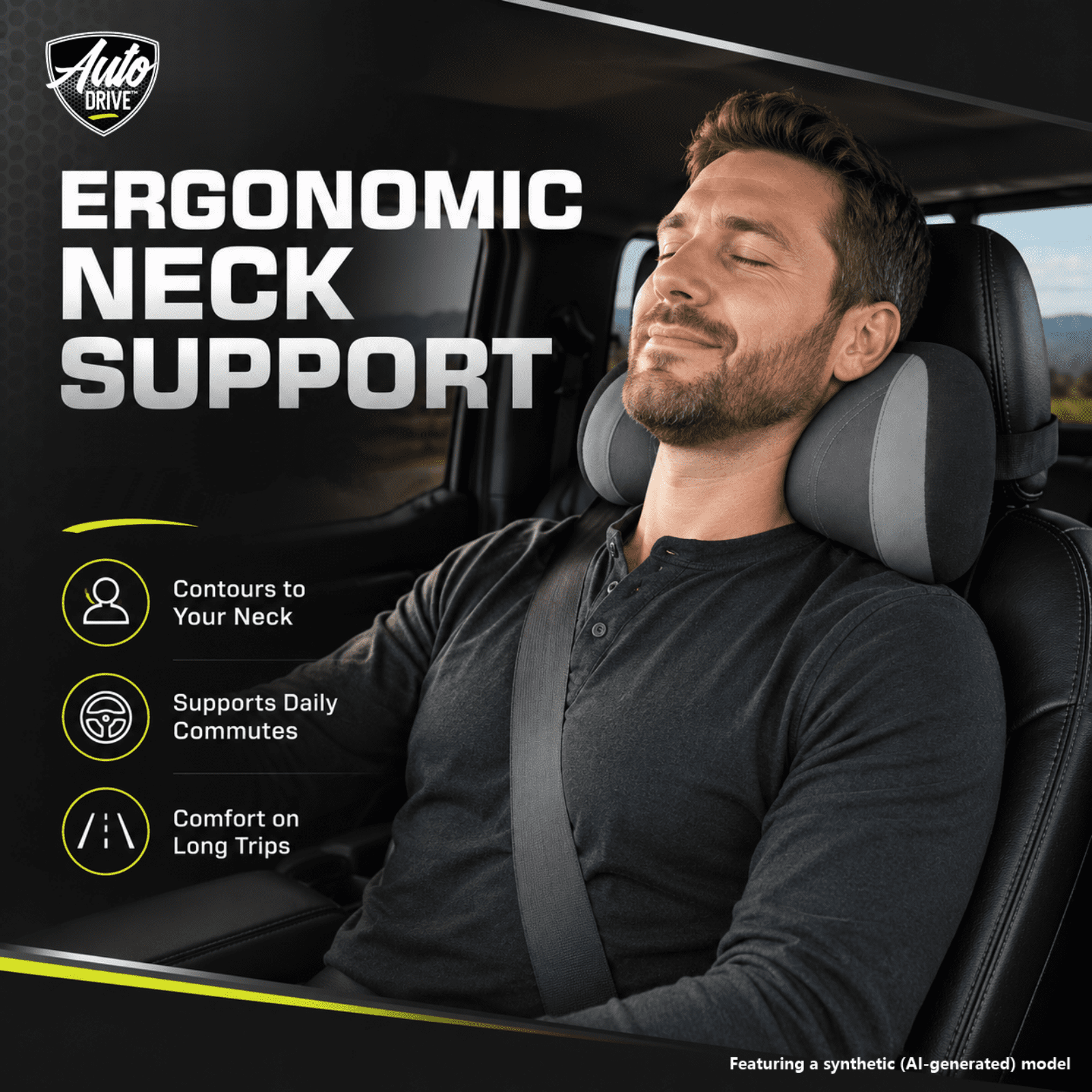 Auto Drive Waterproof Headrest Pillow, Comfortable Car Neck Support Cushion, Ergonomic Headrest Cushion for Driving, Non-Slip Car Seat Neck Pillow, Universal Fit, Black&Gray
