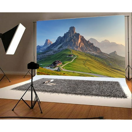 Image of MOHome 7x5ft Photography Mountains Backdrop Green Grass House Road Children Kids Baby Portraits Shooting Video Studio Props