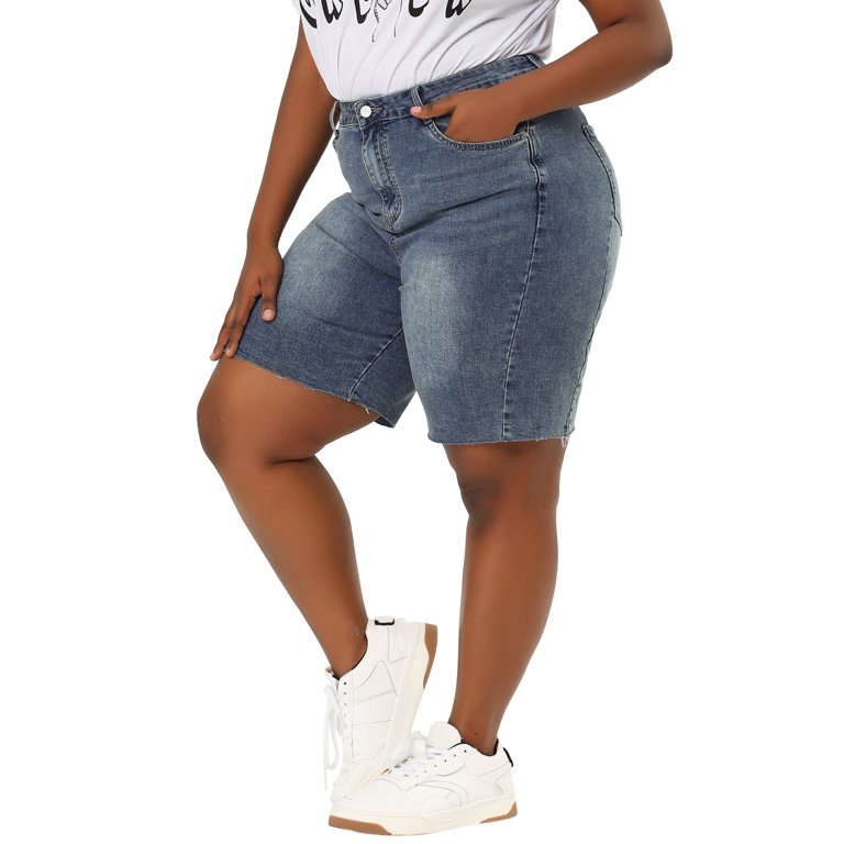 Unique Bargains Women's Plus Size Denim High Waist Slash Pocket Jean Shorts  - Walmart.com