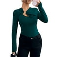 thumbnail image 3 of Women's Metal Ring Long Sleeve Asymmetrical Neck T Shirt Slim Fit Ruched Going Out Tops Green S, 3 of 8