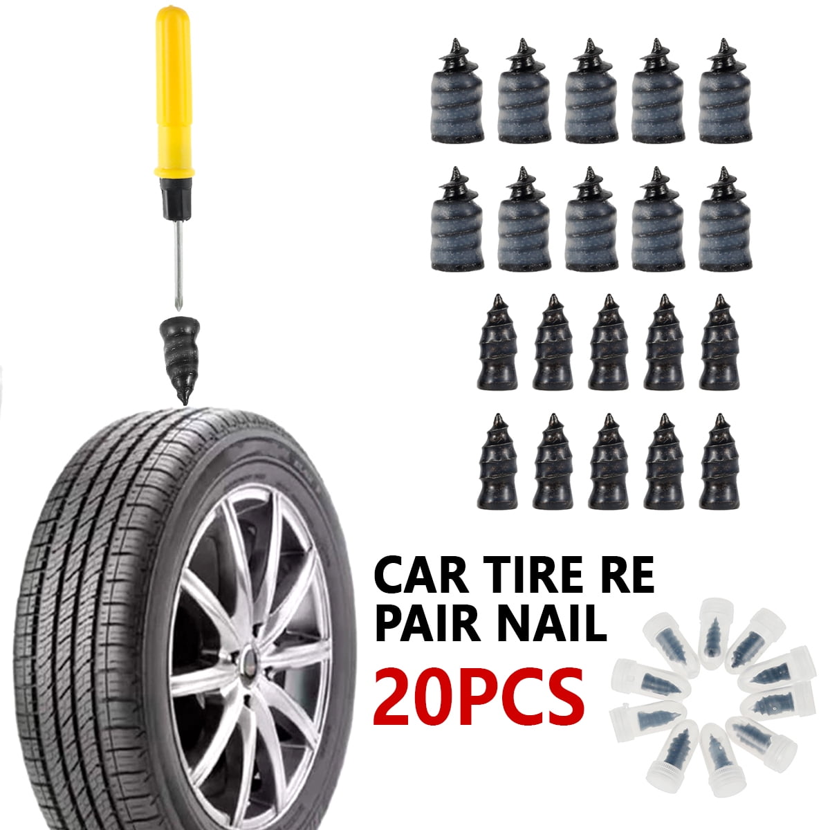 Amazon.com: 40pcs Tire Repair Rubber Nail, Vacuum Tire Repair Rubber  Screws, Fast Tool Self-Service Tire Repair Nails, Tire Plug Kit Tire  Screws, Tyre Puncture Repair Tools with Screwdriver for Car Motorcycle ATV :