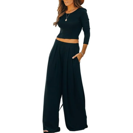 

Lounge Set Womens Ribbed Crop Top Long Sleeve Sweatsuit Knit 2 Piece Pajamas