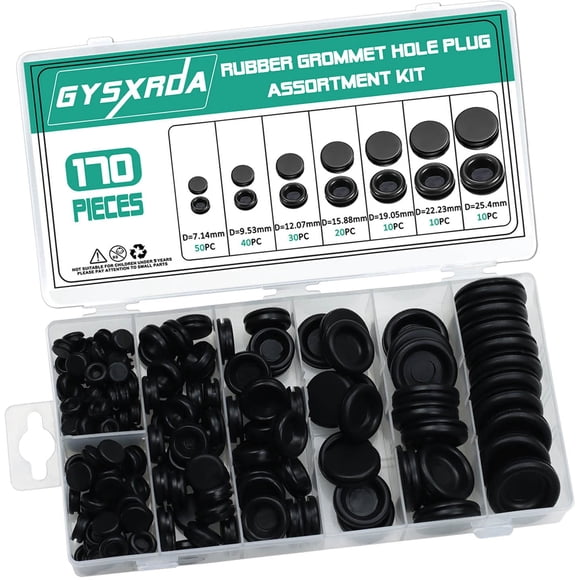 Kit de ojales de goma Gysxrda, paquete de 170 unidades, Black Firewall, 7 tamaños