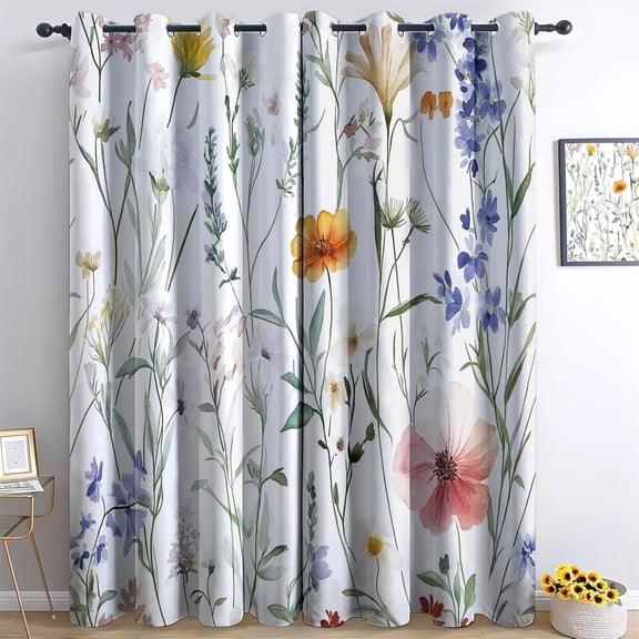 Blackout Curtains for Home Decor Watercolor Wildflowers Plants Window Drapes, Multicolor Room Darkening Thermal Insulated Grommets Curtains, for Living, Dining, Bedroom, 21"x 45", 2 Panels