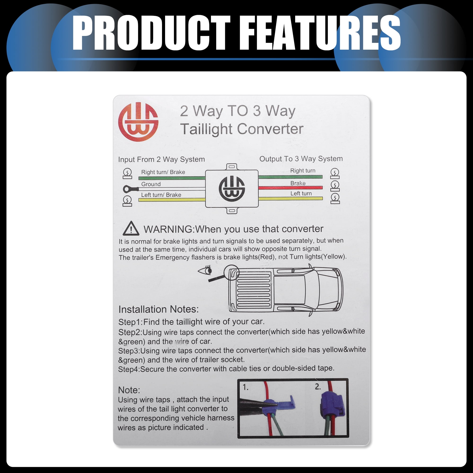 Unique Bargains 2 to 3 Wire Splice-in Trailer Tail Light Converter for RV Towing Solution