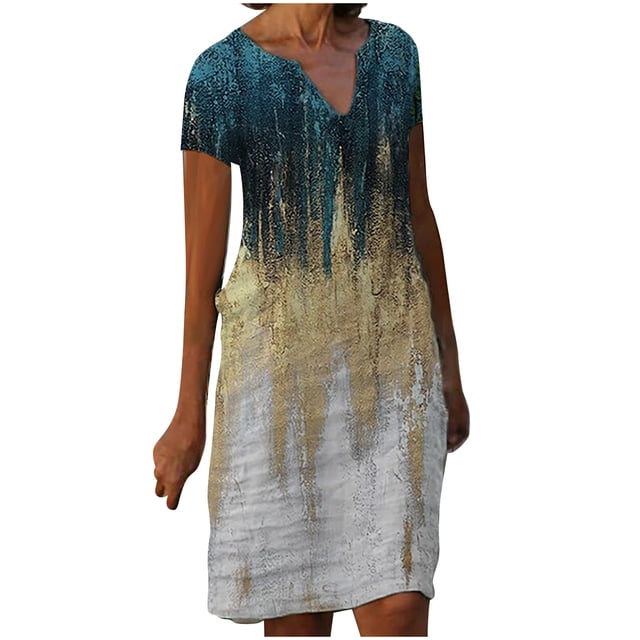 Vestidos de manga corta para mujer Vestido de tirantes con estampado de flores a la moda Vestido con cuello en V hasta la rodilla Pompotops ghjkhdj16699