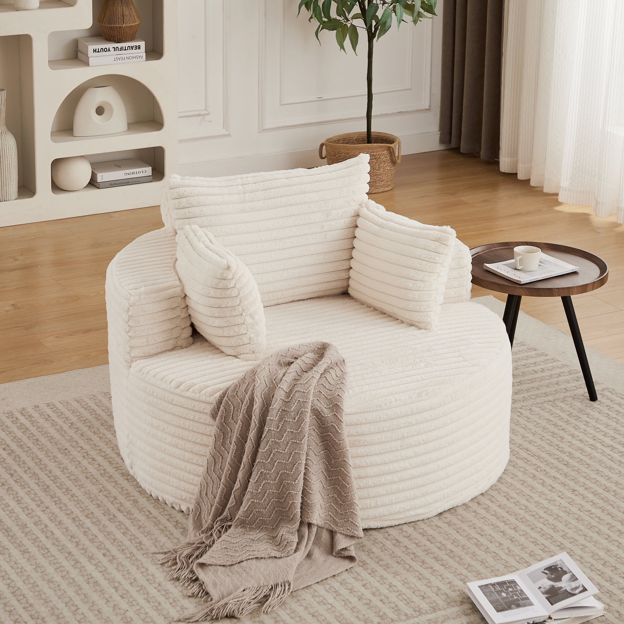 Leumius Oversized Round Chair Lounge Chaise Indoor,50" Upholstered Corduroy Deep Seat Single Cloud Sofa Chair, Fluffy Modern Large Circle Boneless Sleeper Sofa for Living Room, Bedroom,Beige