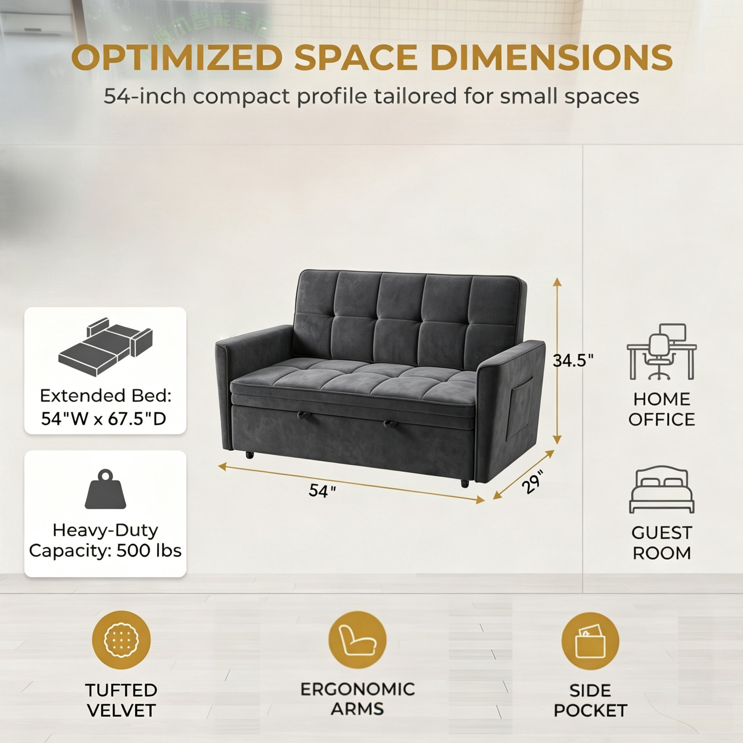 54" Convertible Sleeper Sofa Bed, Modern Velvet 3-in-1 Pull Out Loveseat Couch with 5-Position Backrest & Side Storage Pocket for Living Room, DarkGray