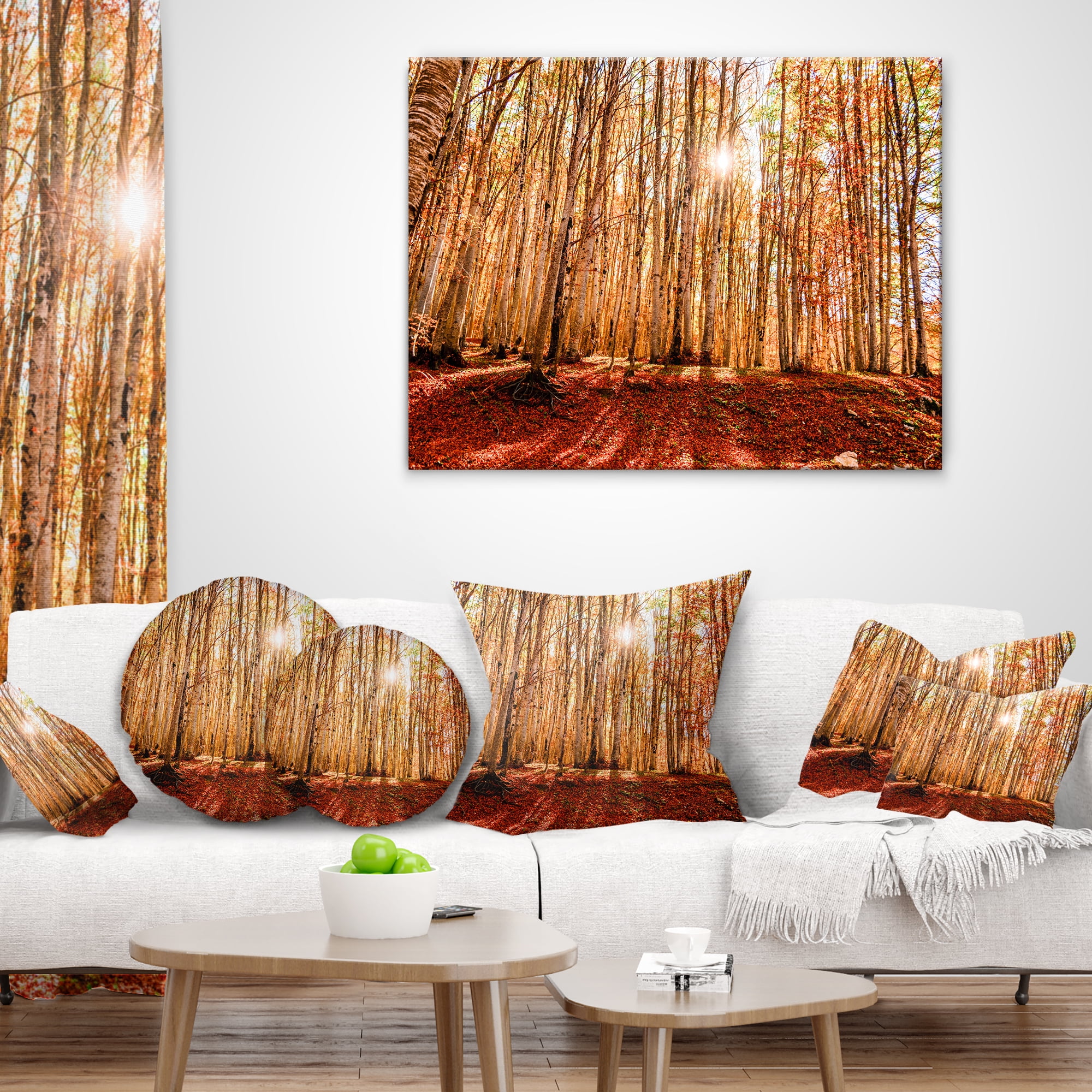 Designart Bright Sun over Thick Fall Forest - Modern Forest Throw Pillow - 16x16