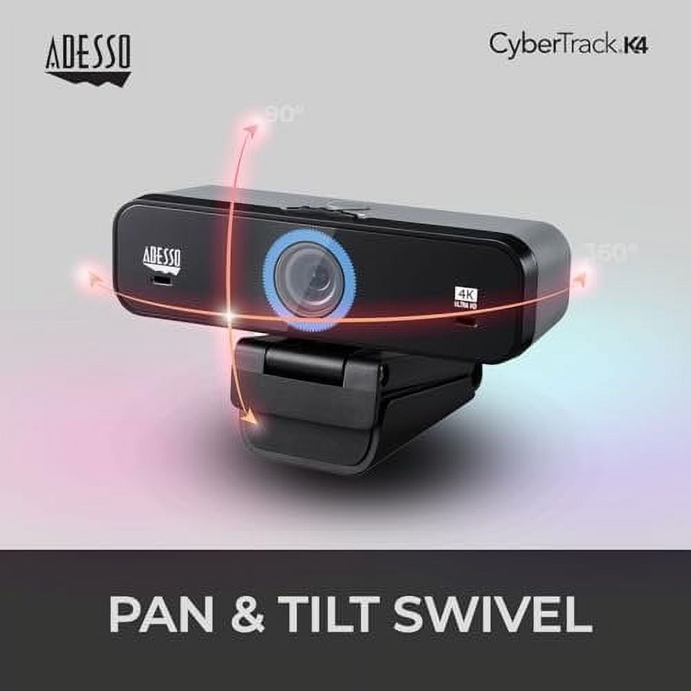 Adesso CyberTrack K4 4K Ultra HD Fixed Focus USB Webcam with Adjustable Field of View Angle, Built-in Dual Microphones, Privacy Audio/Video Switch & Tripod Mount