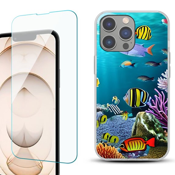 OneToughShield ® for iPhone 15 Pro Max Shockproof Fashion Phone Case, with Tempered Glass Screen Protector - Underwater