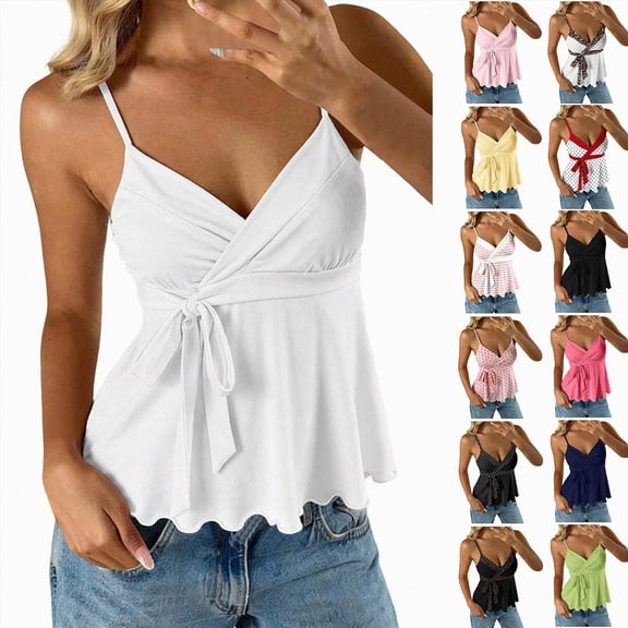 COMVALUE Women's Babydoll Tops Sleeveless V Neck Peplum Crop Wrap Top Cute Summer Tie Front Camisole Yellow S