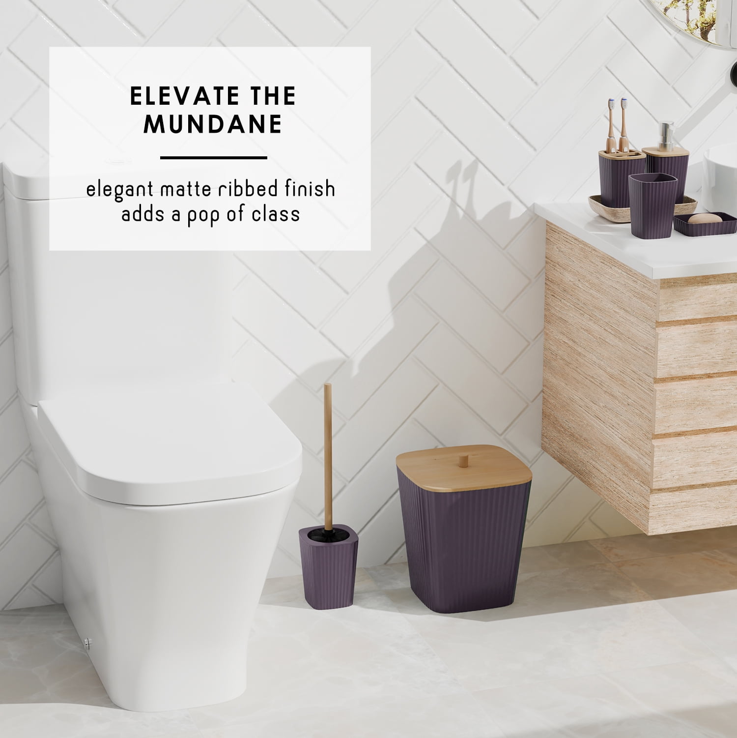 Virtu 6 Piece Bamboo Bathroom Sets, Purple Bathroom Accessories Set for Minimalistic Bathroom Décor