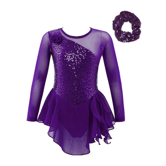 Alvivi Robe de Patinage Artistique à Manches Longues pour Filles, Justaucorps de Gymnastique, Jupe Enveloppante, Robe de Danse Lyrique avec Bandeau Violet 6