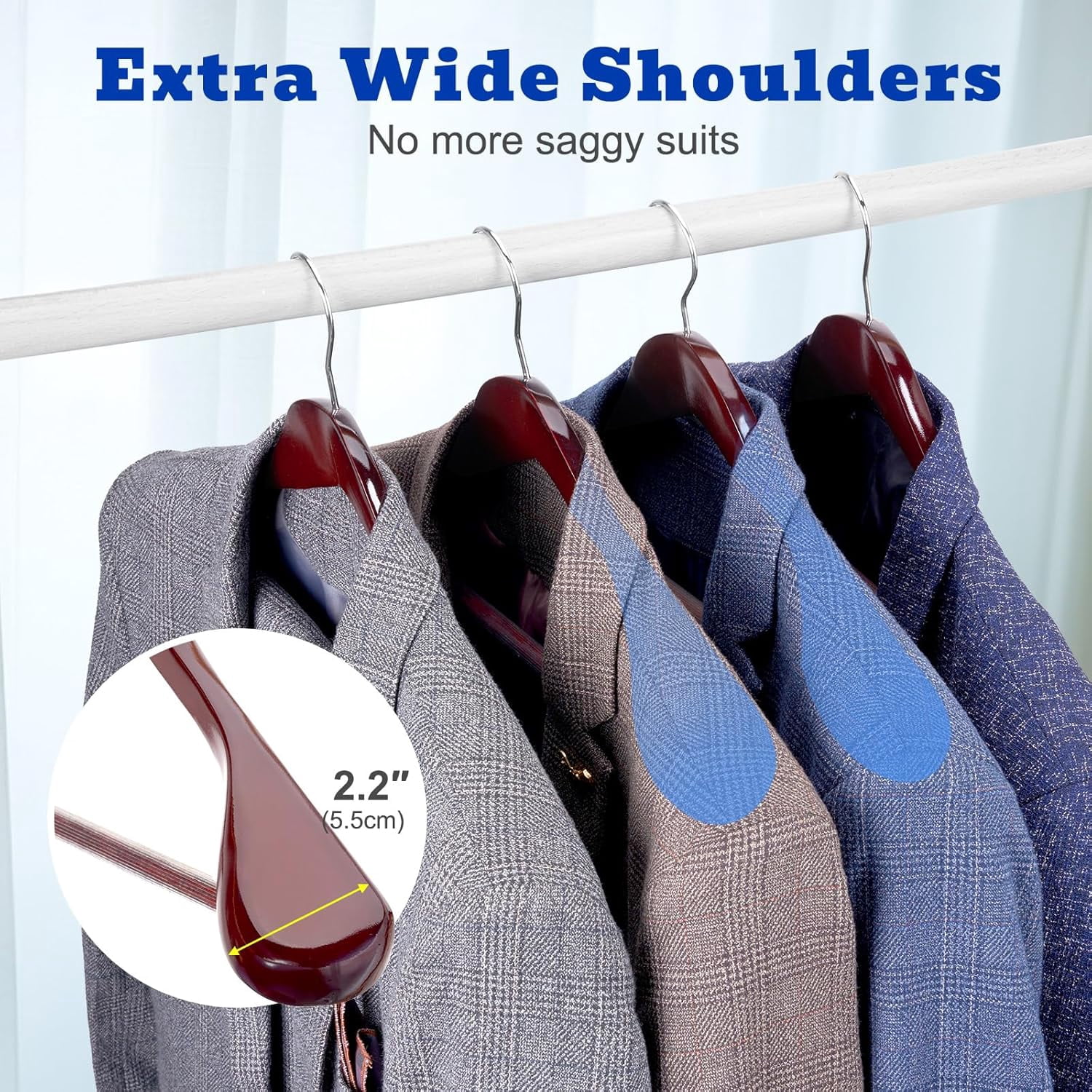 Solid Wood Wide Shoulder Hangers with Non-Slip Pants Bar, 360 °   Swivel Hook for Suits, Dresses, Jackets, and Heavy Clothes - 6 Pack (Walnut Finish)