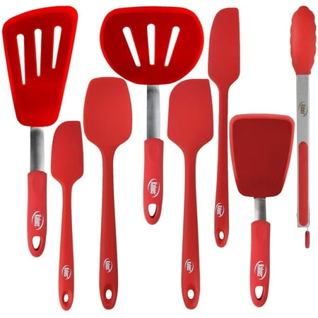 Kaluns Red 8-Piece Turner's and Seamless Spatula set plus Bonus 12" Tong Heat resistant 600F Best Flexible Rubber Silicone Spatula Turner set Best Kitchen accessories for Cooking and Baking