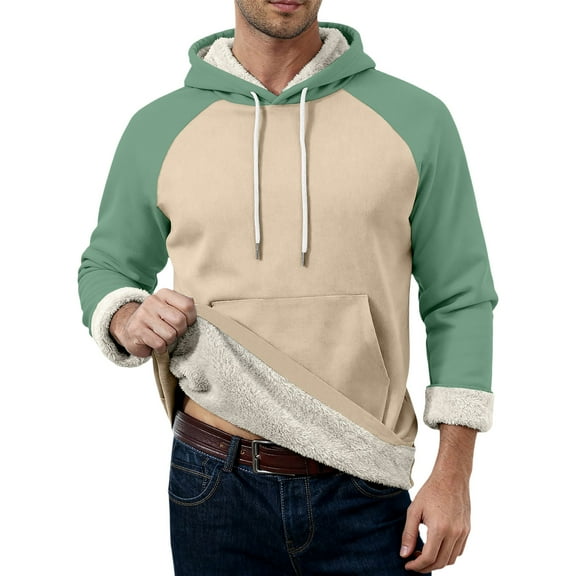 Domuza Mens Pullover Hoodie Thick Sherpa Lined Heavyweight Hooded Sweatshirt Fall Winter Warm Fashion Contrast Color Athletic Fleece Pullover Mint Green 2XL