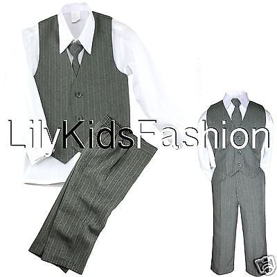 

Baby Toddler Boy 4 PC Vest Set Pinstripe Formal Wedding Tuxedo Suit Gray S-20