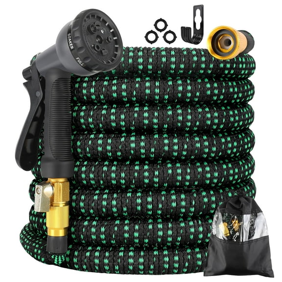 Gpeng Garden Hose , Expandable Water Hose 50 ft with 10 Function Nozzle ,Triple Core Latex and 3/4" Solid Brass Fittings , Kink Free Retractable Collapsible Gardening Flexible Hose Pipe (DarkGreen)