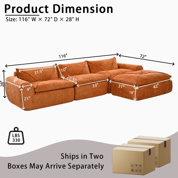 113'' Modular Sectional Sofa,U Shaped Couch with Movable Ottoman, Convertible Sectional Couches with Deep Seat, 3 Seat for Living Room Comfy Cloud Sofa with USB Side Pockets & Charging(Beige)