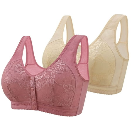 YOTAMI 2-Pack Bras for Women Front Closure Plus Size Underwear for Lounge Embroidered Everyday Bralette Lace Push Up Comfort Bra Size 46A  White
