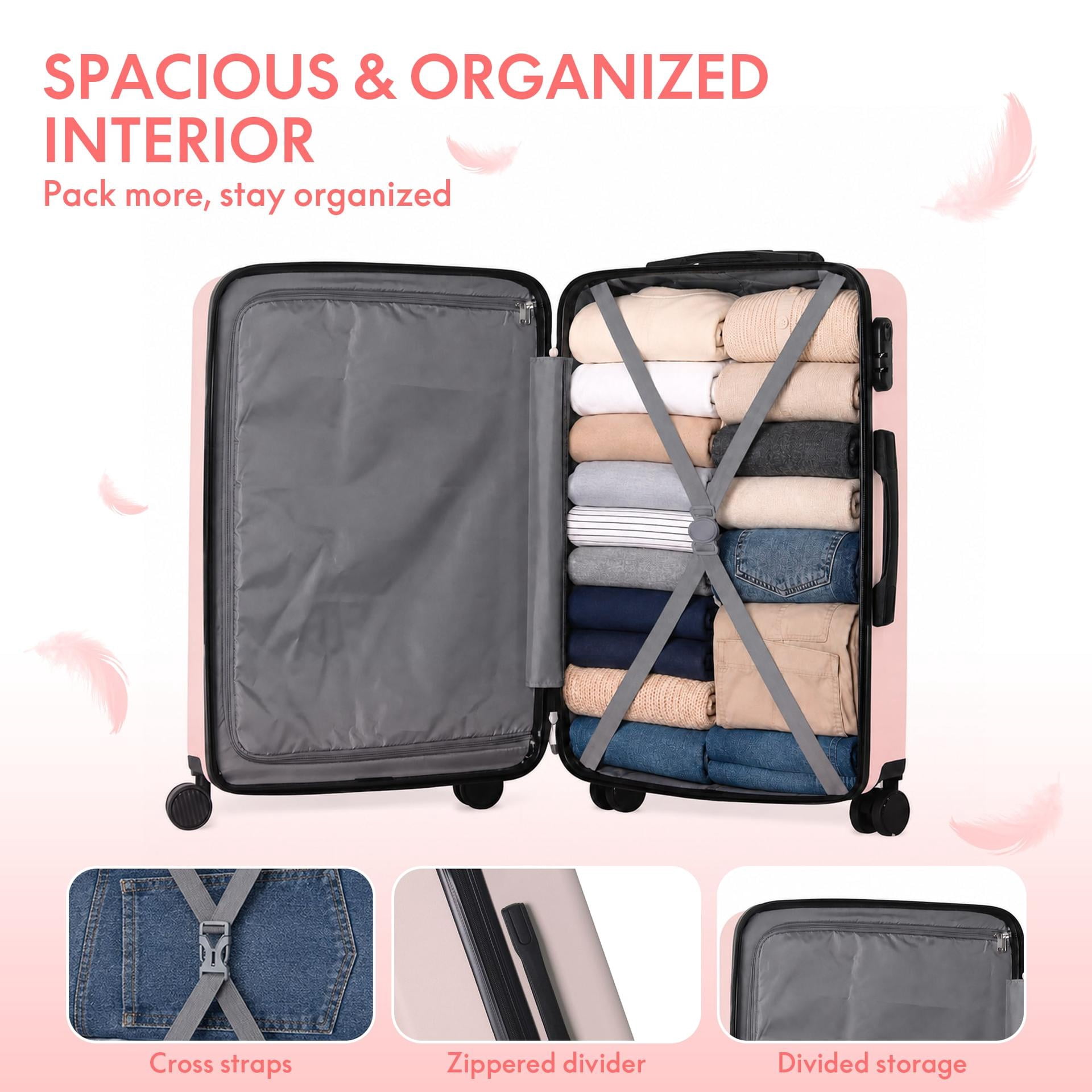 3-Piece ABS Hardshell Luggage Set, Lightweight Durable Suitcases with 4 Silent Spinner Wheels and Combination Lock, 20/24/28 Inch, Misty Rose Pink