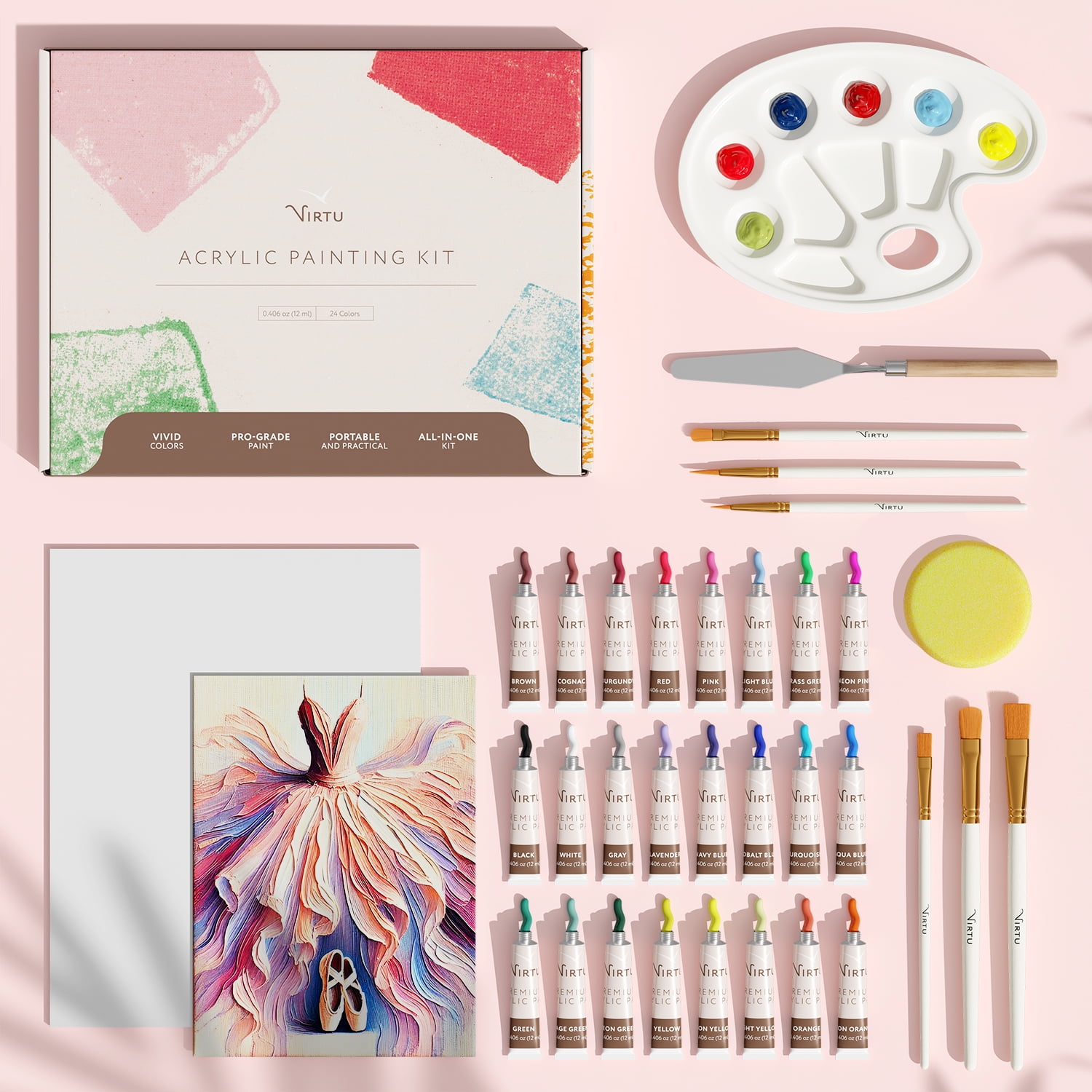 Virtu 34pc Acrylic Paint Set, 24 Colors (12ml) Acrylic Craft Paint Kit With 2 Canvases, 5 Paint Brushes, Painting Pallet, Painting Knife and 1 Sponge