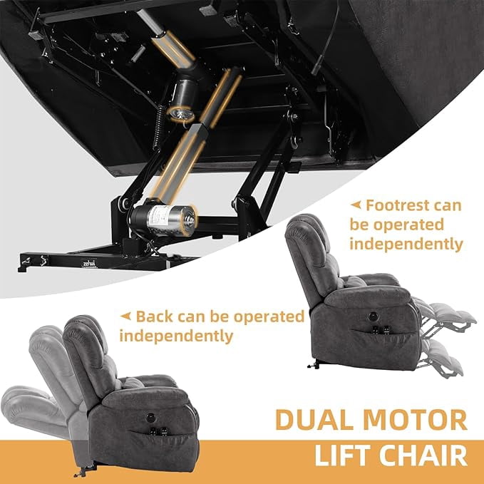 Tall Man Oversized Dual Motor Power Lift Recliner w/Heat Massage, Large Lay Flat Sleeper Electric Recliner with Extended Footrest for Elderly, Lumbar Pillow, USB & Type-C Ports, Gray