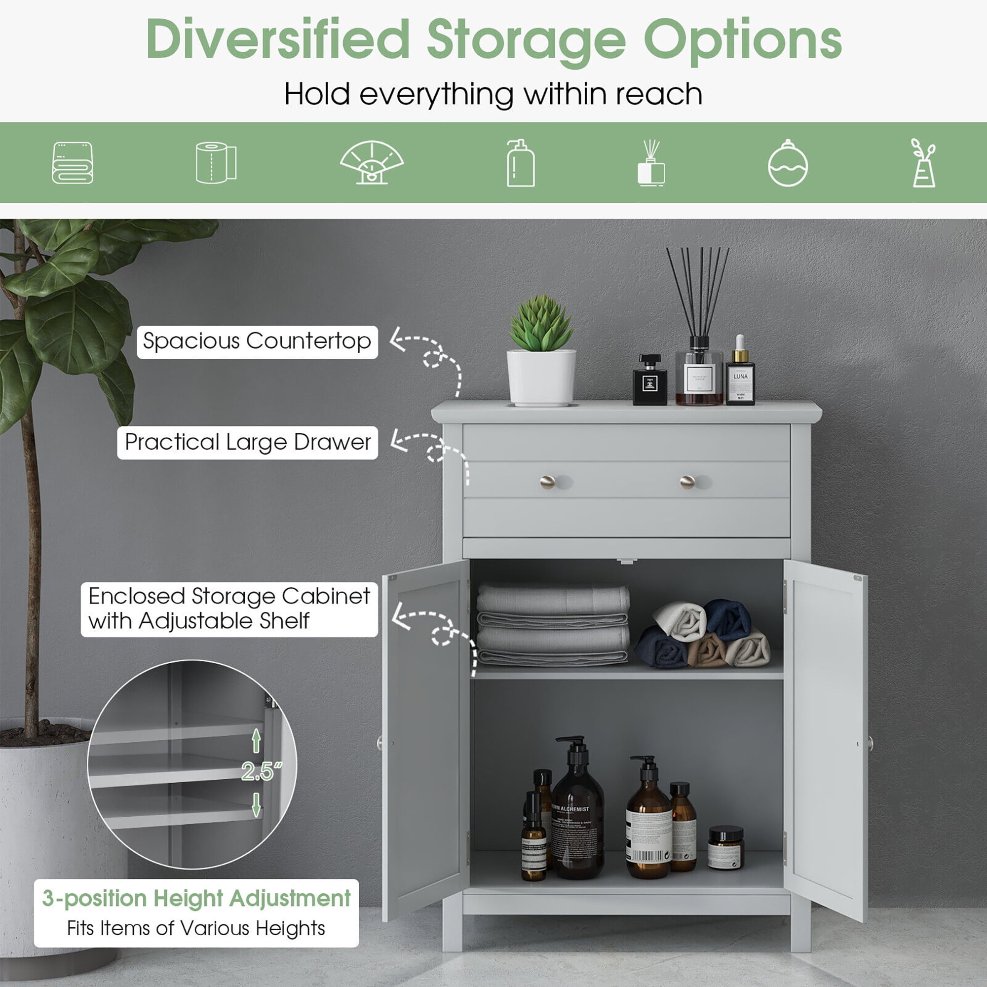 Gymax Bathroom Floor Cabinet Wooden Storage Organizer with Drawer & Doors Blcak