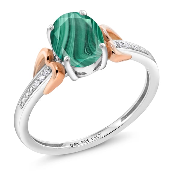 Gem Stone King 2.04 Ct Oval Green Malachite White Diamond 925 Silver and 10K Rose Gold Ring (Size 7)