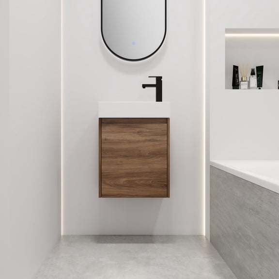 GZXS 18" Bathroom Vanity Sink Combo for Small Space, Modern Pianted Wall Mounted Cabinet Set w/White Basin Sink Top, Brown Ebony