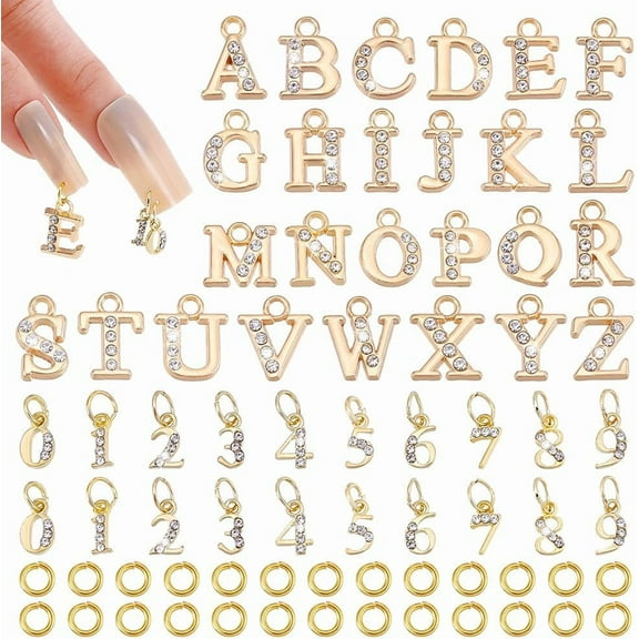 Dangle Nail Piercing Charms 26pcs Dangle Letter Nail Charms 20pcs Number Nail Charms Gold Rhinestone Charms for Nails with 30pcs Jump Rings for Birthday Nail Art Decoration Light Gold