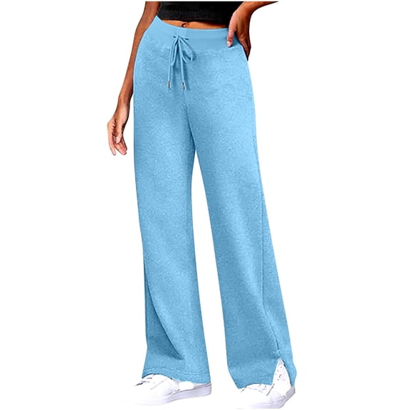 MELDVDIB Womens Side Split Sweatpants Baggy Drawstring Elastic High Waist Wide Leg Pant Fashion Casual Solid Color Lounge Trousers Light Blue XL