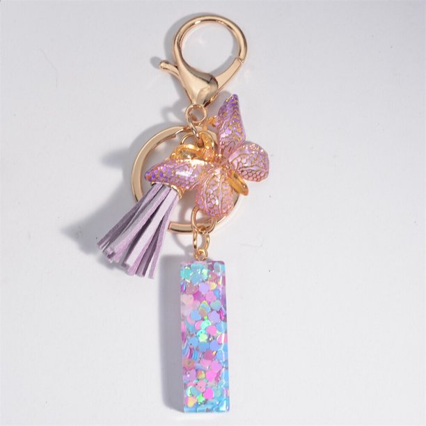 Llavero con letras de lentejuelas de ensueño para mujer, colgante de mariposa con borla, inicial, monedero, bolsos de suspensión, dijes, llavero de coche, A-Z