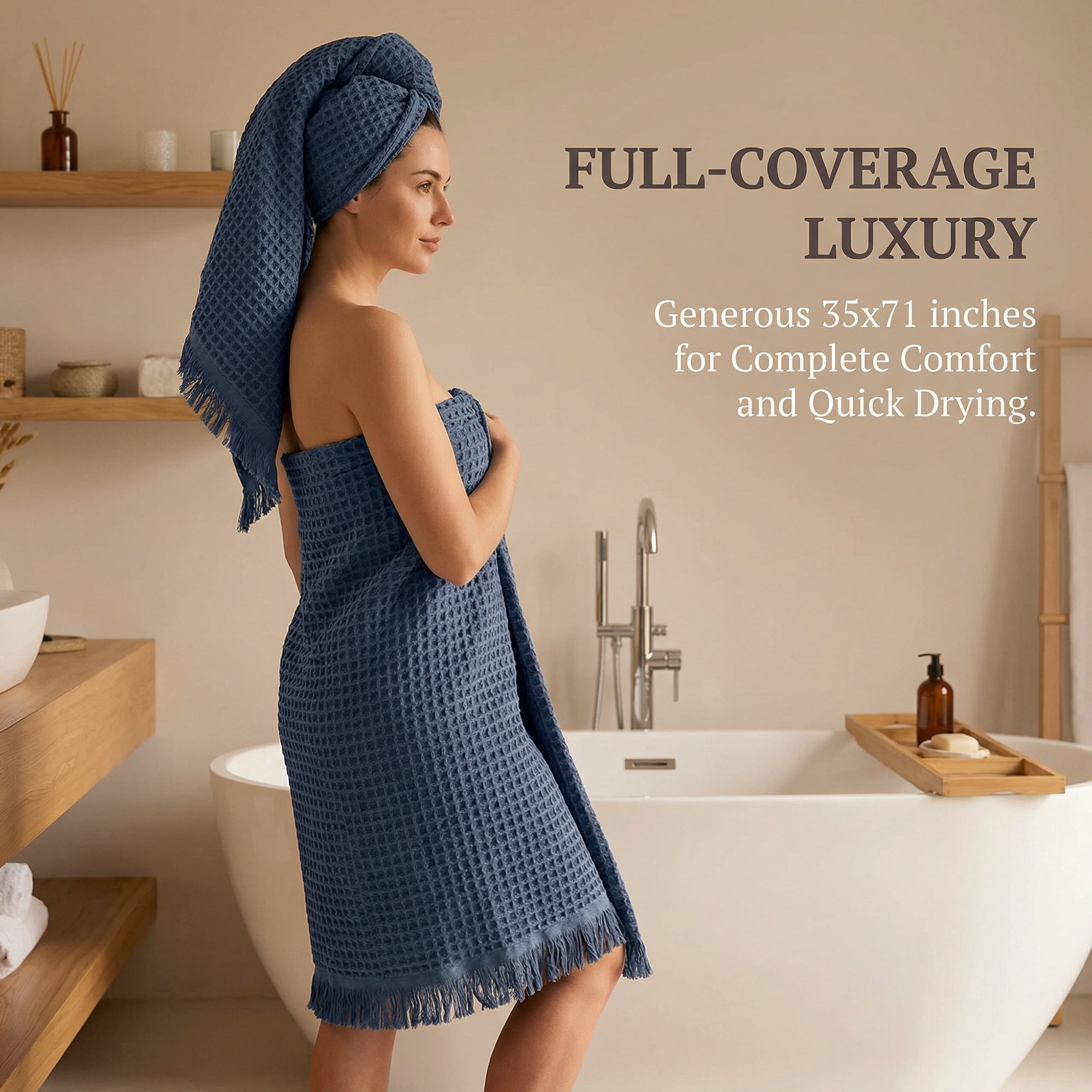 Unique Bargains Highly Absorbent Waffle Bath Towel 2 Pack Navy Blue/Blue 71"x35"