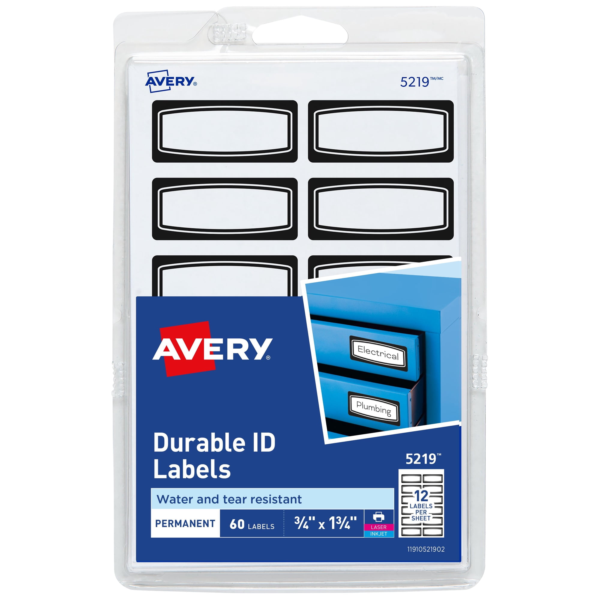 Avery Durable ID Labels, 3/4" x 1-3/4", Film, Permanent, Black Border, Laser/Inkjet, 60 Labels