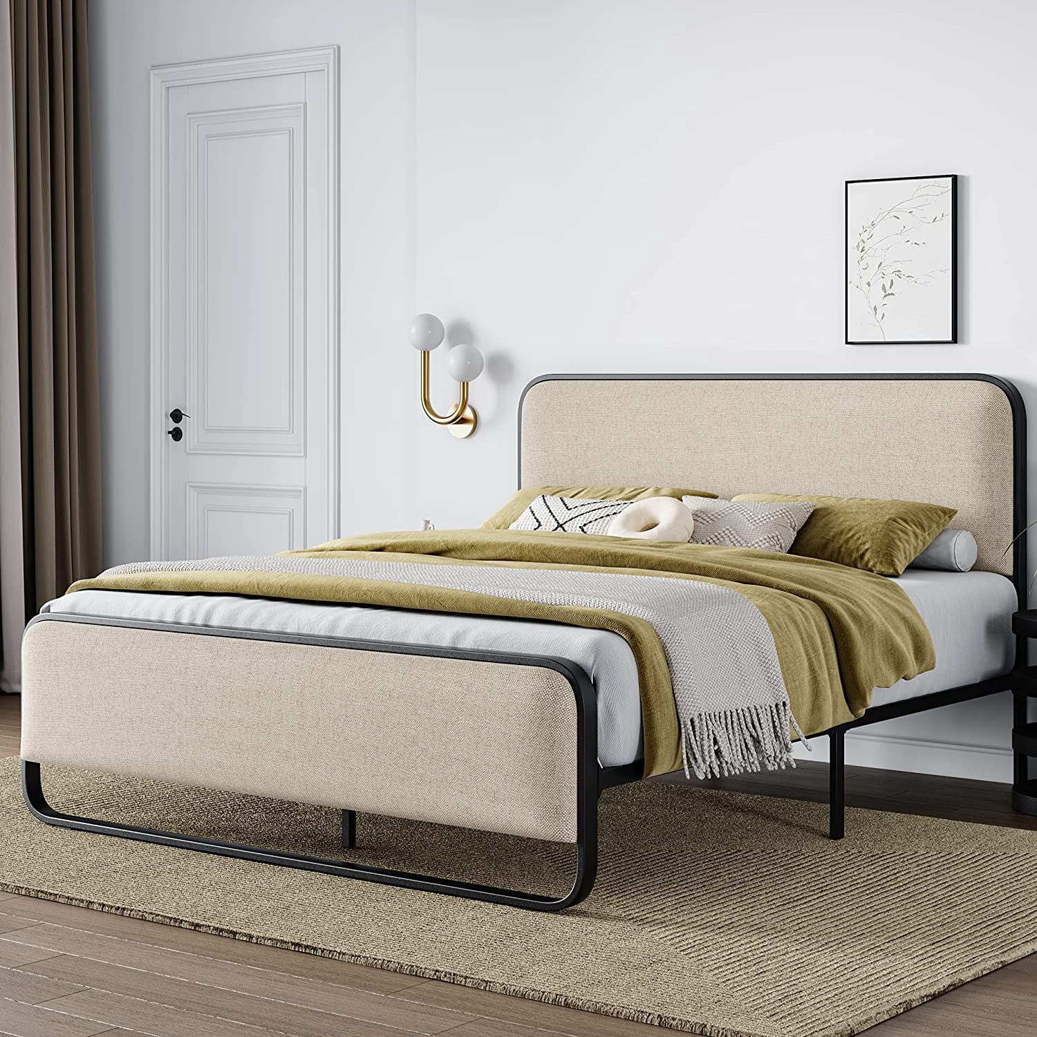 Allewie Full Size Metal Platform Bed Frame with Curved Upholstered Headboard and Footboard, Beige