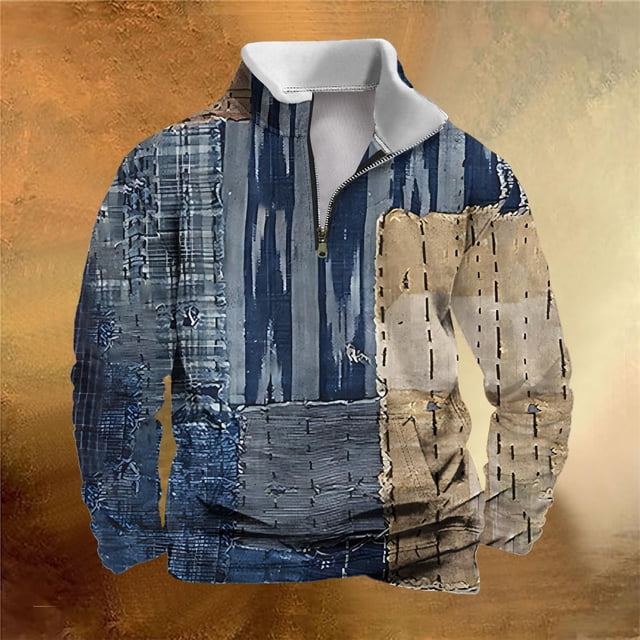 Styesk Chemises Hommes Mode Décontractée Col Montant Imprimé Fermeture Éclair Chandail Manches Longues Chandail en Molleton