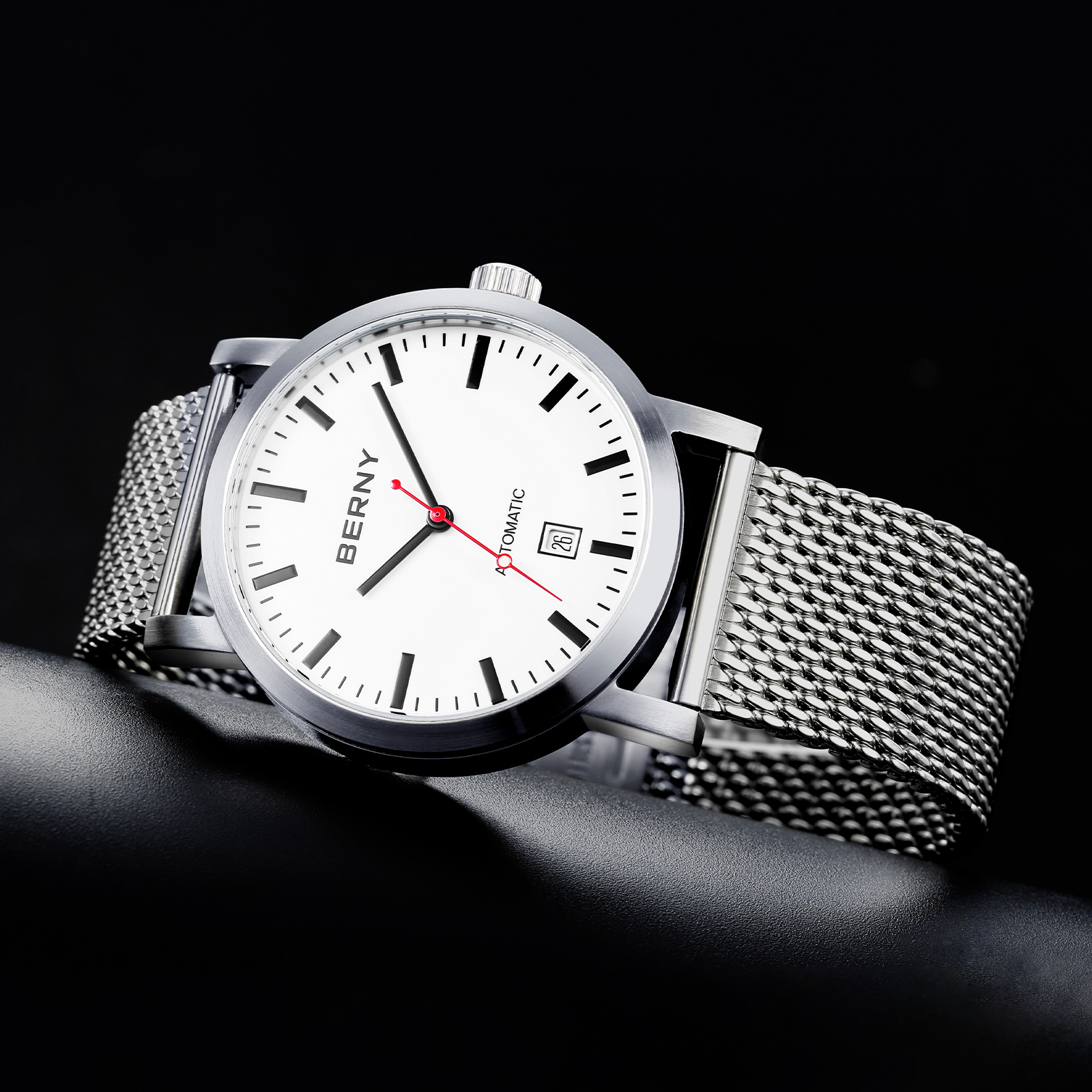 BERNY Automatic Watch for Men, Classic Mechanical Wristwatch with Stainless Steel Mesh Band, Date Calendar, 5ATM Waterproof, Super Luminous, Red Seconds Hand (White)