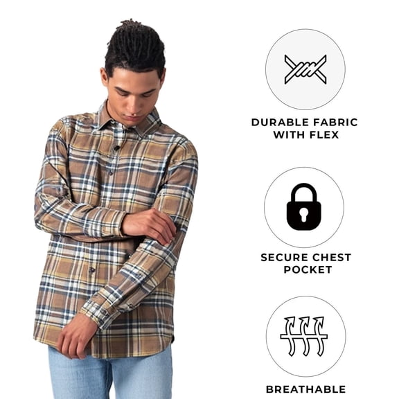 Ridgecut Men's Brown Plaid Shirt Flannel Chest Zip Pocket Long Sleeve