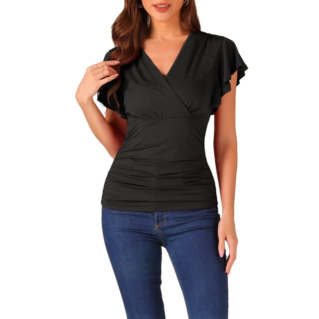 Blusa Faux Wrap Inspire Chic para Mujer, Blusa Casual de Verano con Cuello en V y Mangas con Volantes, Talla M, Color Negro