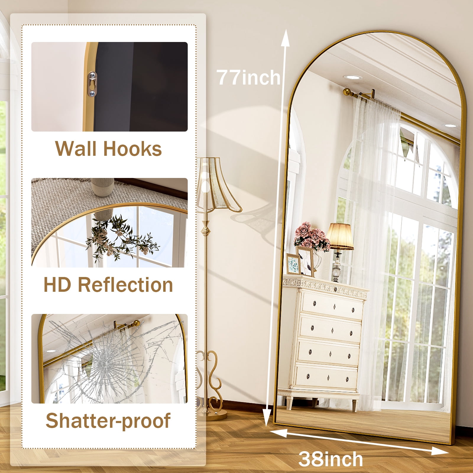 GRAHMCY 77"x38" Arched Full Length Floor Mirror Free-standing Mirror with Aluminum Alloy Frame, Gold