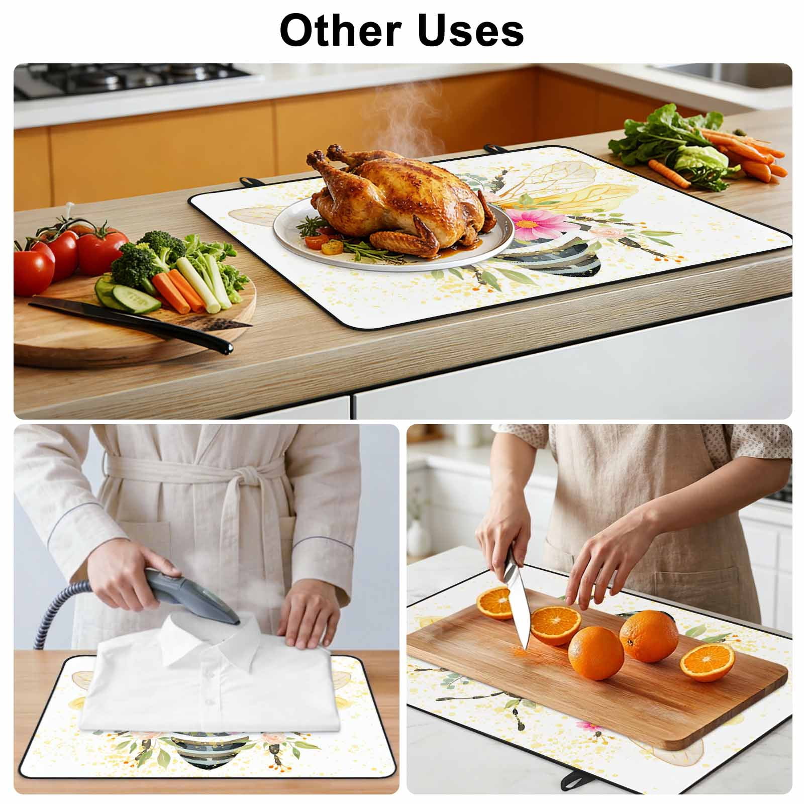 Summer Bee Stove Top Cover for Electric Stove, Heat-proof & Non Slip Glass Top Stove Cover Protector, Spring Floral Botanical Watercolor Kitchen Flat Cooktop Rubber Mat 24x21 Inches